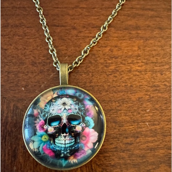 Sugar Skull Colorful Pendant Punk, Halloween Cabochon Badass Bronze Necklace - Picture 4 of 7
